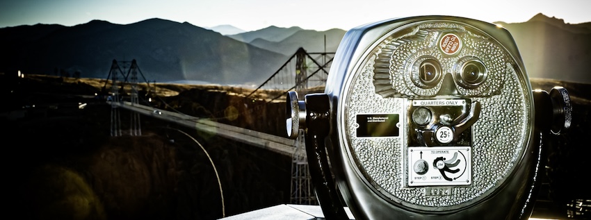 Royal Gorge, view of valley and bridge with view finder in foreground.